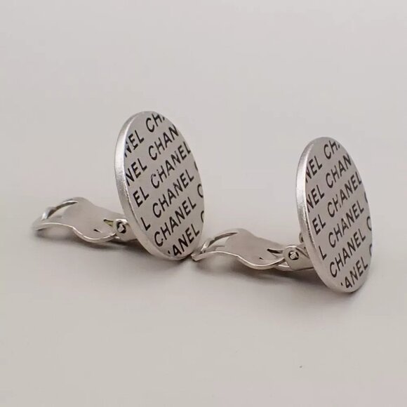 CHANEL Logo Round Button Earrings 00C Clip-On Silver SHW France - Picture 3 of 10